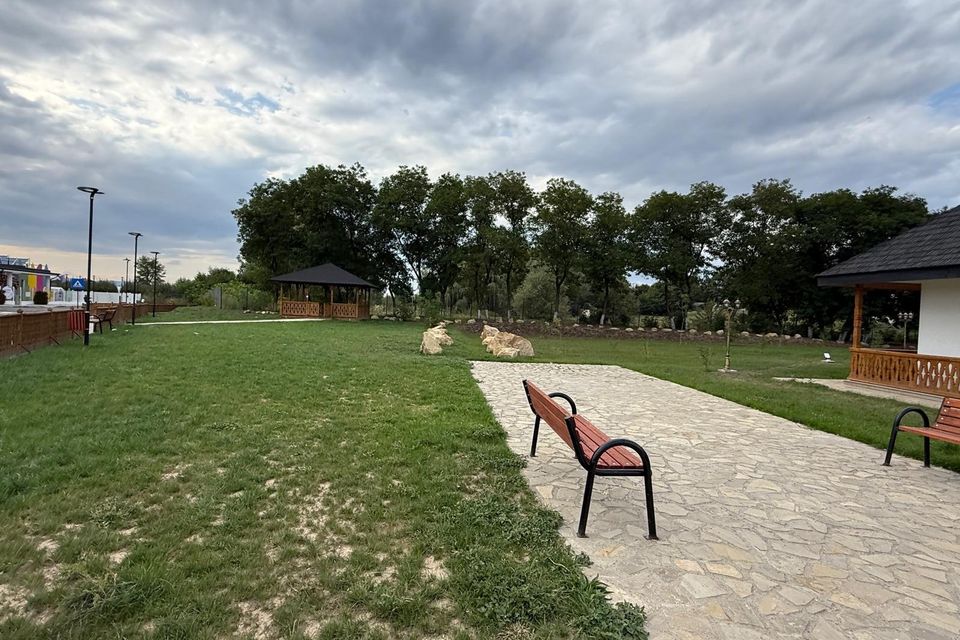 Alee pietruită cu bănci în curtea muzeului, cu copaci în fundal