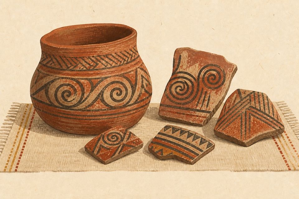 Ilustrație demonstrativă cu un vas și fragmente ceramice decorate geometric.