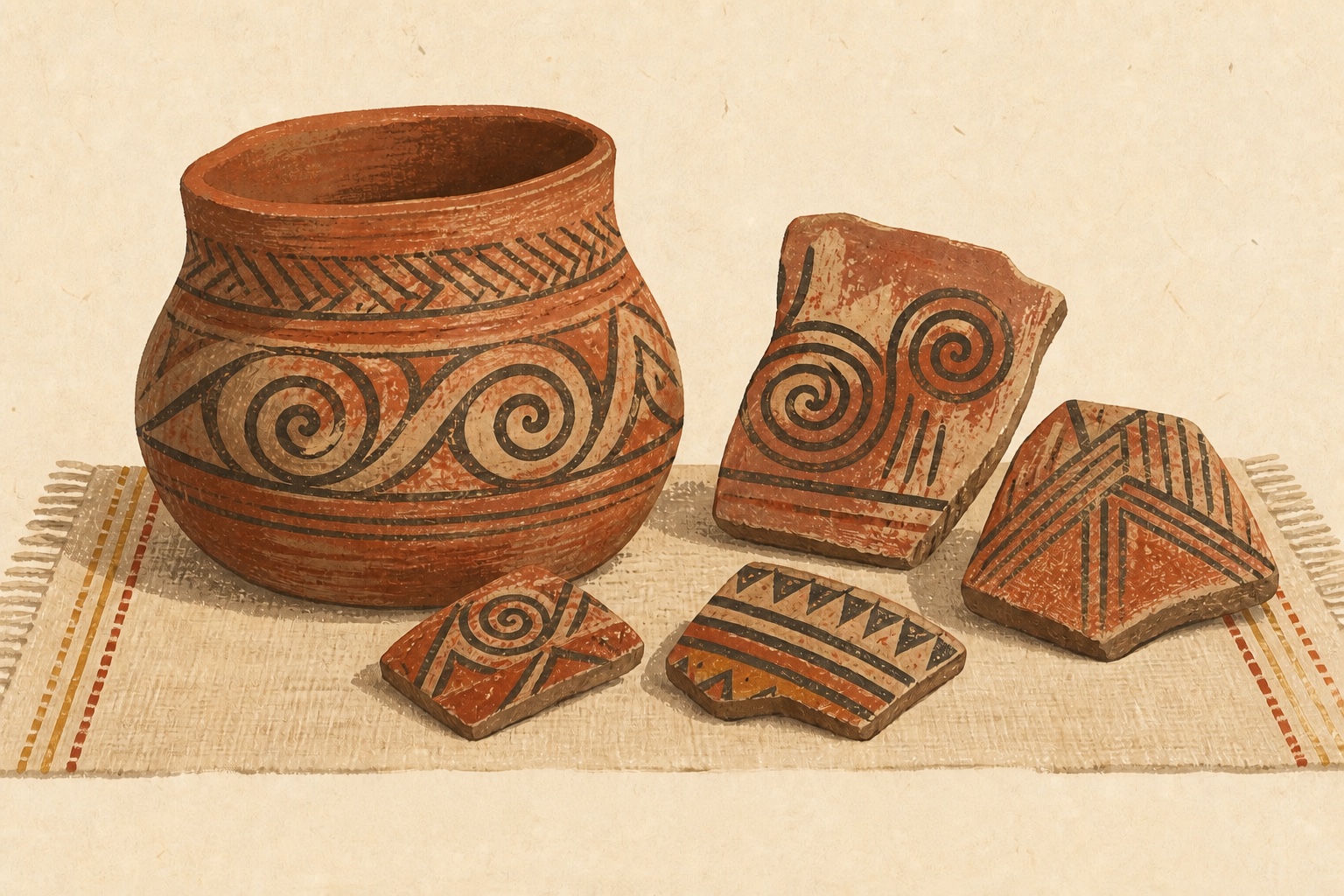 Demonstration illustration of a vessel and pottery fragments with geometric decoration.