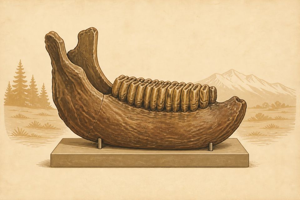 Ilustrație demonstrativă cu o mandibulă de mamut pe un suport muzeal.