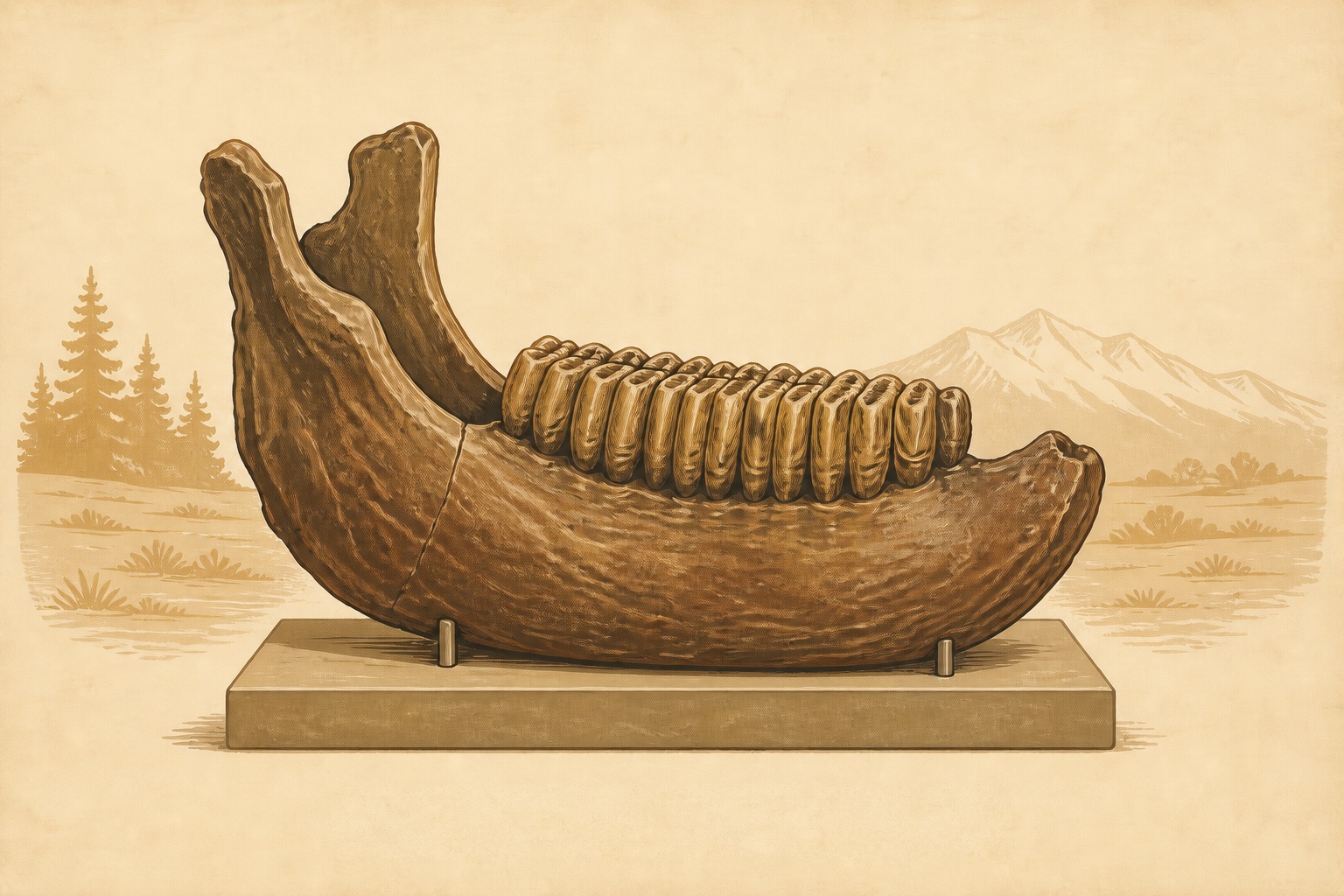 Demonstration illustration of a mammoth jaw on a museum display support.
